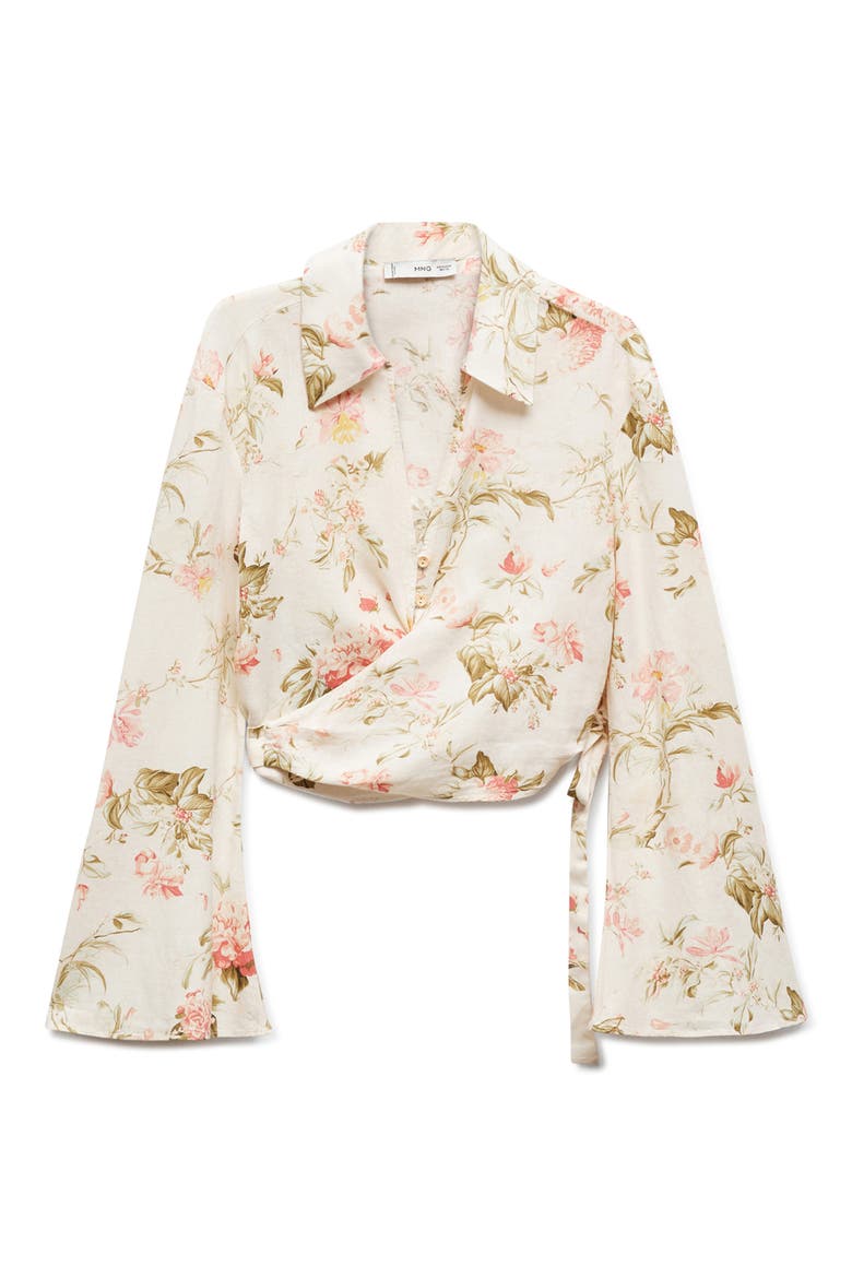Floral Long Sleeve Linen Blend Wrap Top, Alternate, color, VANILLA