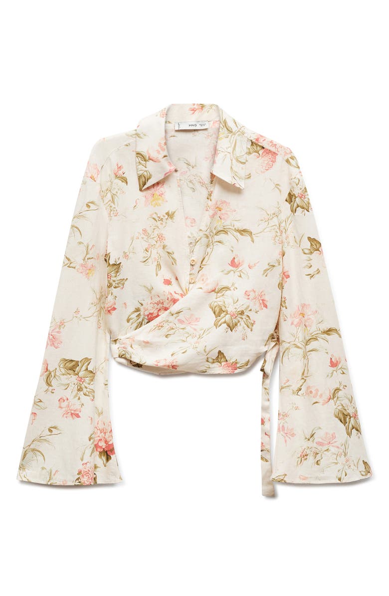MANGO Floral Long Sleeve Linen Blend Wrap Top, Alternate, color, Vanilla