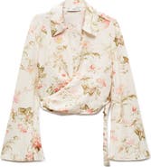 MANGO Floral Long Sleeve Linen Blend Wrap Top