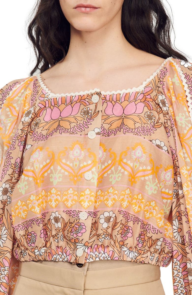 SANDRO Print Blouson Linen Blend Top, Alternate, color, Beige