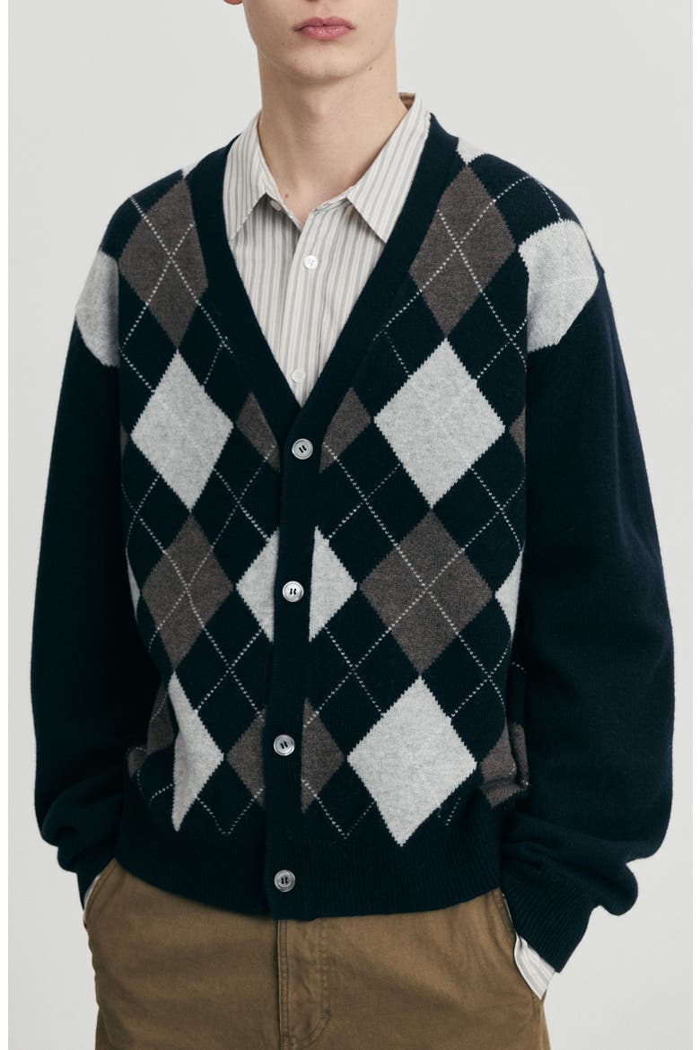 Gender Inclusive Argyle V-Neck Cardigan, Main, color, NAVY