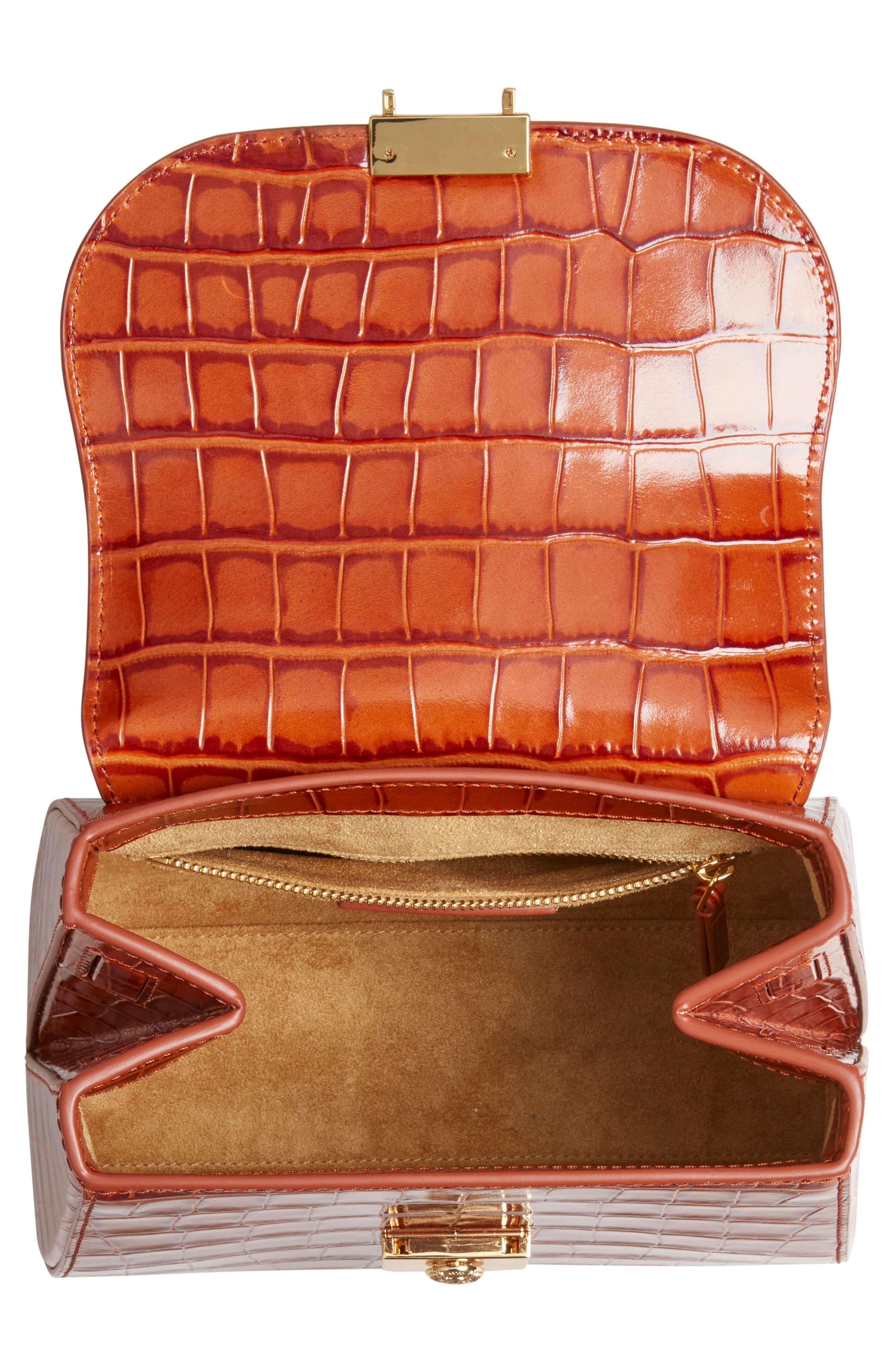 Crest Lock Croc Embossed Leather Top Handle Bag, Alternate, color, PRALINE