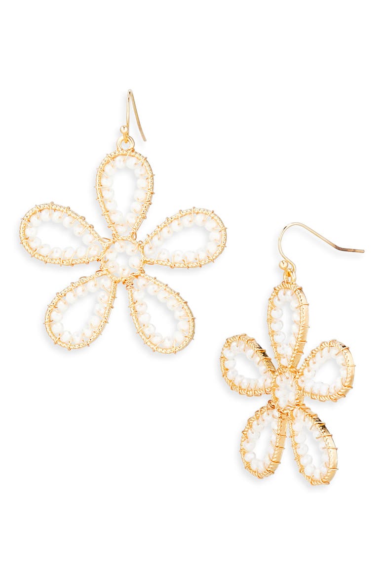 Beaded Flower Drop Earrings, Main, color, IVORY/ GOLD
