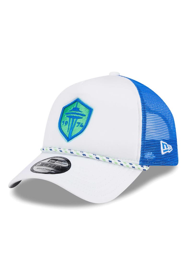Men's New Era White/Blue Seattle Sounders FC Court Sport Foam A-Frame 9FORTY Adjustable Trucker Hat, Main, color, White