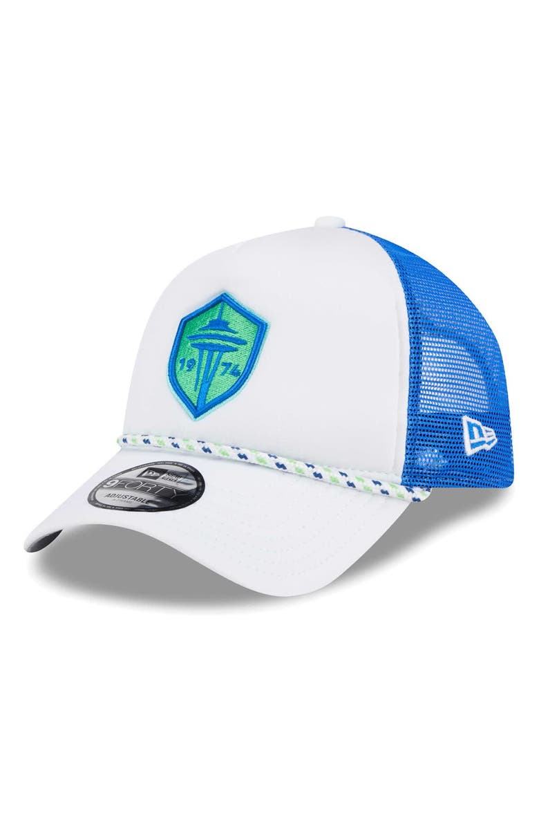 New Era Men's New Era White/Blue Seattle Sounders FC Court Sport Foam A-Frame 9FORTY Adjustable Trucker Hat, Main, color, White