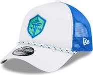 New Era Men's New Era White/Blue Seattle Sounders FC Court Sport Foam A-Frame 9FORTY Adjustable Trucker Hat