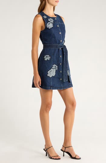 Marsha Floral Appliqué Tie Waist Denim Dress