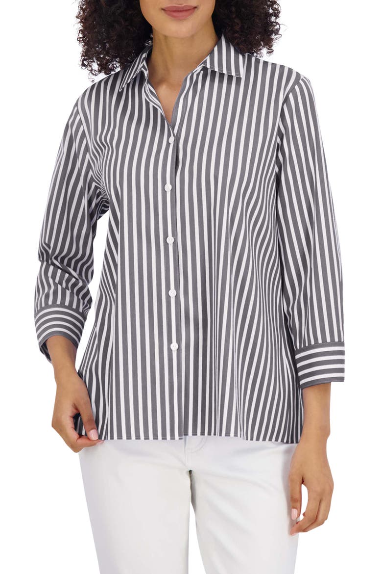 Sandra Stripe Cotton Blend Button-Up Shirt, Main, color, BLACK