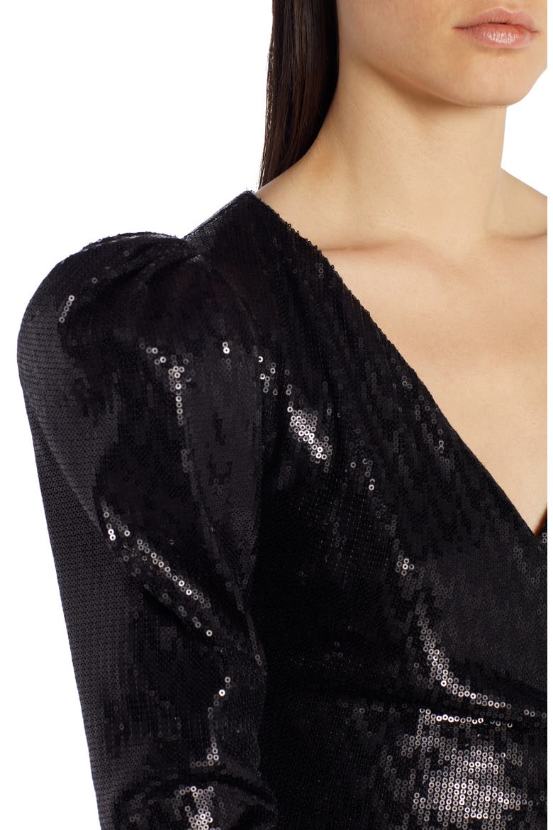 Puff Shoulder Sequin Long Sleeve Minidress, Alternate, color, BLACK