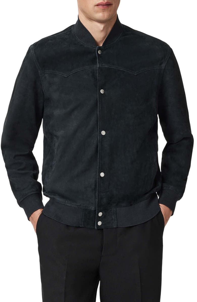 AllSaints Stafford Suede Bomber Jacket, Alternate, color, Phantom Blue