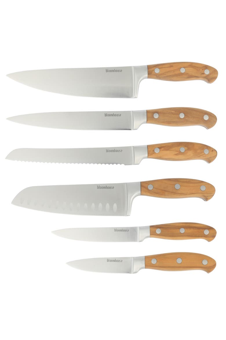 Italian Olive Wood Knife Block Set W/ German Steel Forged Knives, Alternate, color, Natural Wood