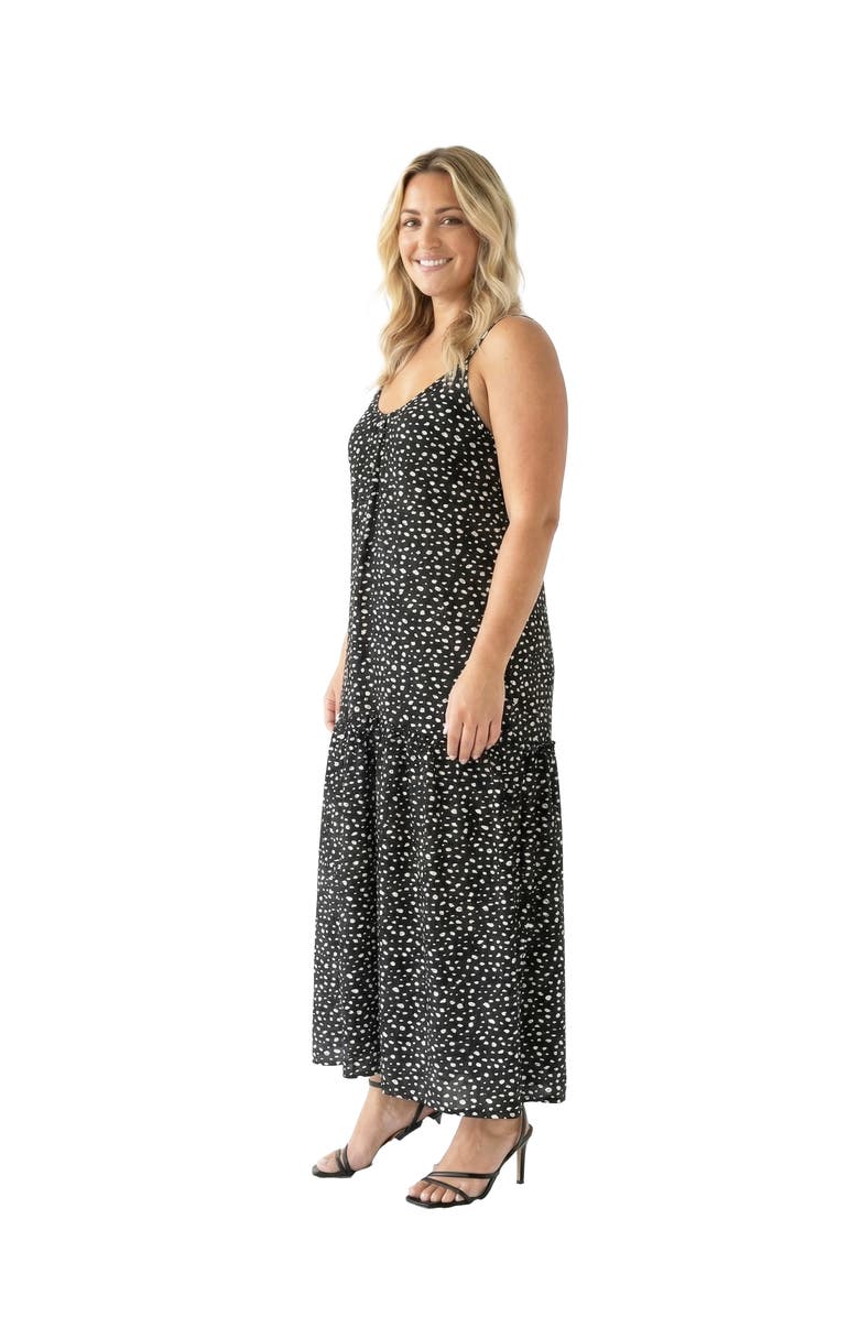 24seven Comfort Apparel Curvy Essential Dots Print Scoop Neck Spaghetti Strap Pocket A-Line Maxi Dress, Alternate, color, Black Multi