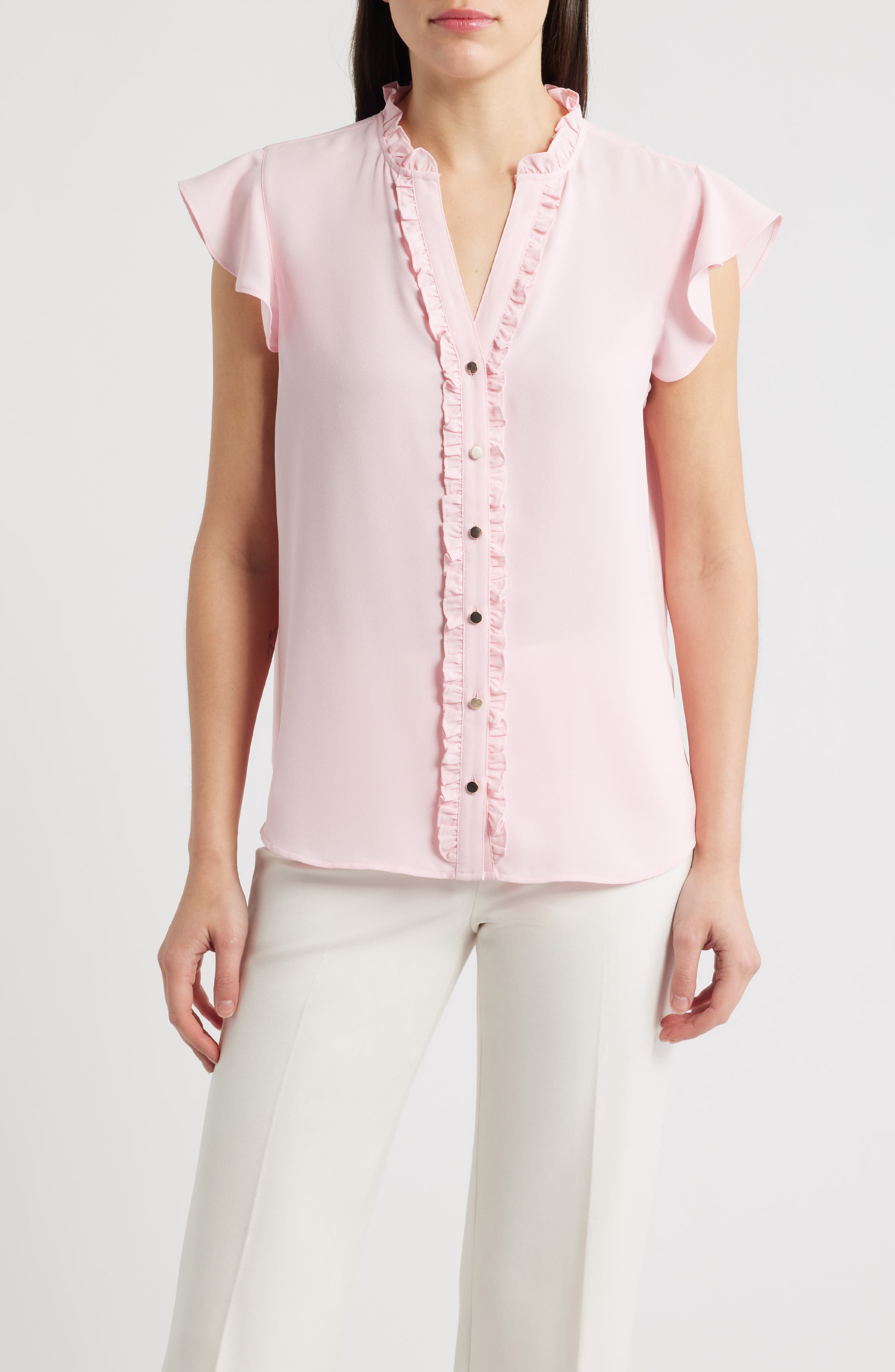 Ruffle Accent Short Sleeve Button-Up Shirt