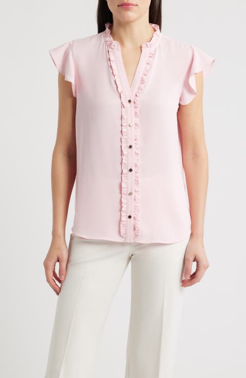 Ruffle Accent Short Sleeve Button-Up Shirt (Petite)