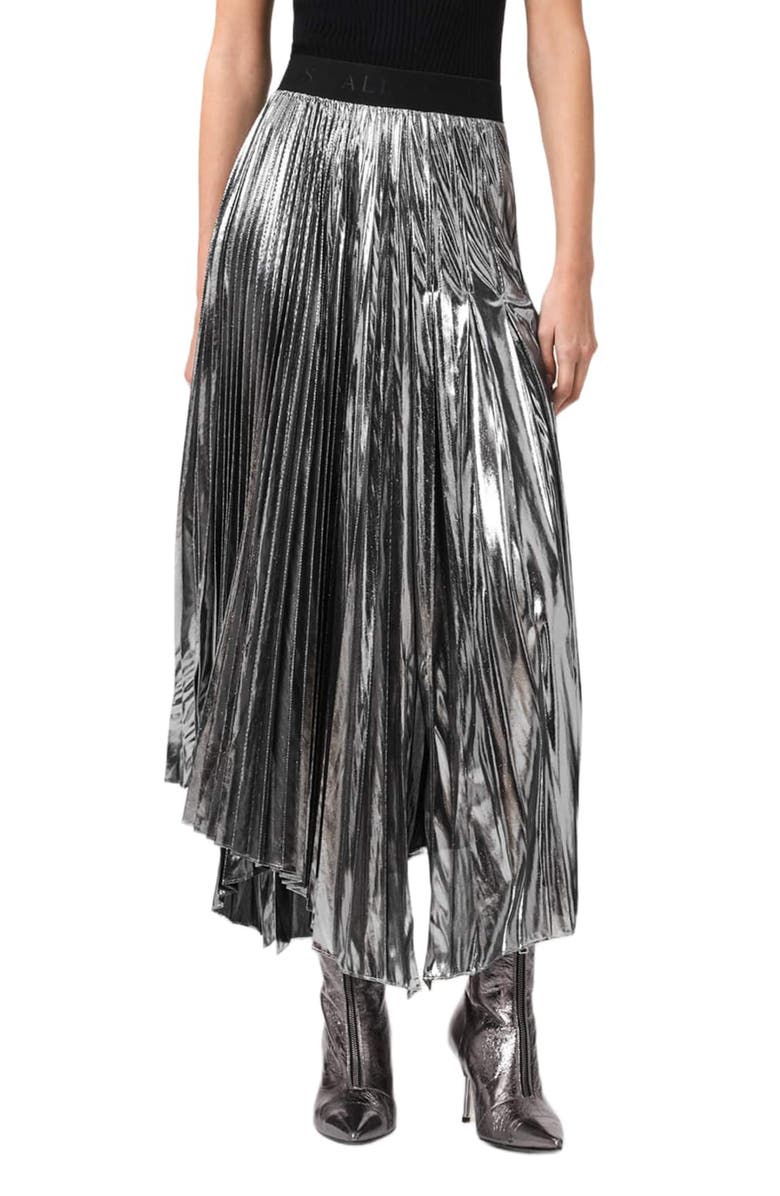 AllSaints Jax Pleated Maxi Skirt, Main, color, Metallic Silver