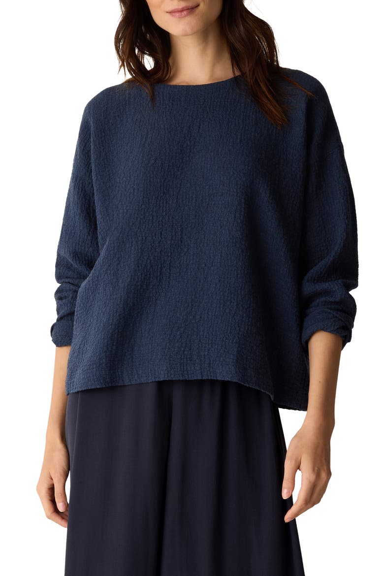 Crinkled Boxy Long Sleeve Stretch Organic Cotton Top, Main, color, INK