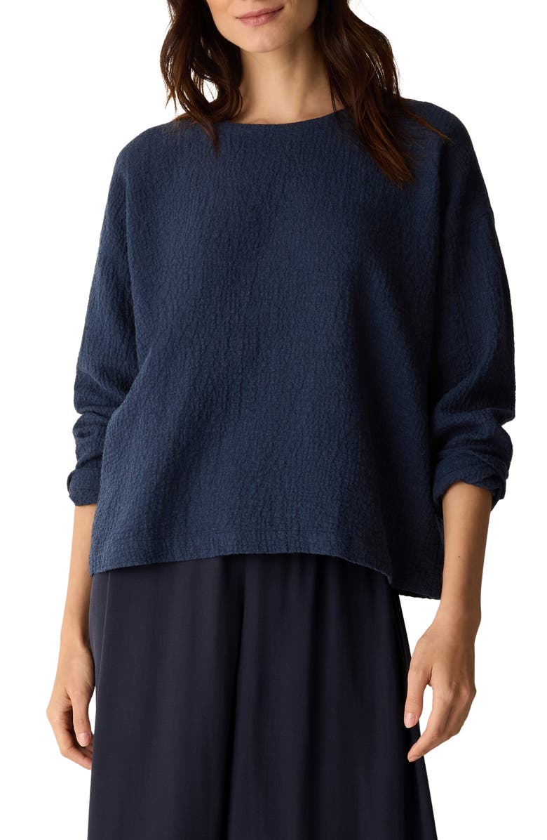 Eileen Fisher Crinkled Boxy Long Sleeve Stretch Organic Cotton Top, Main, color, Ink