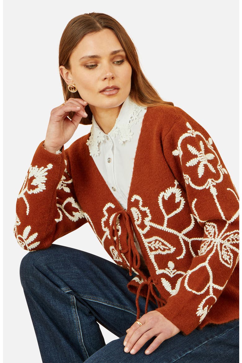 Folk Embroidered Tie Front Cardigan, Alternate, color, Brown