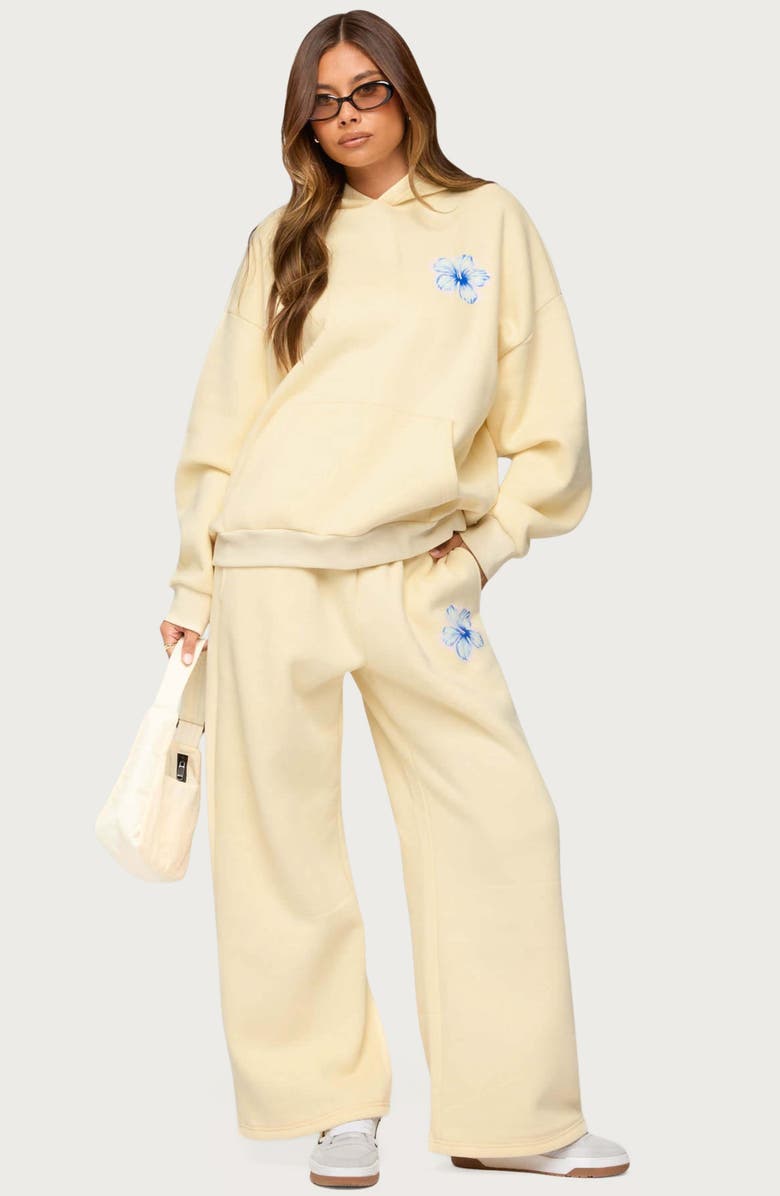 EDIKTED Tropical Blooms Wide Leg Sweatpants, Alternate, color, Yellow