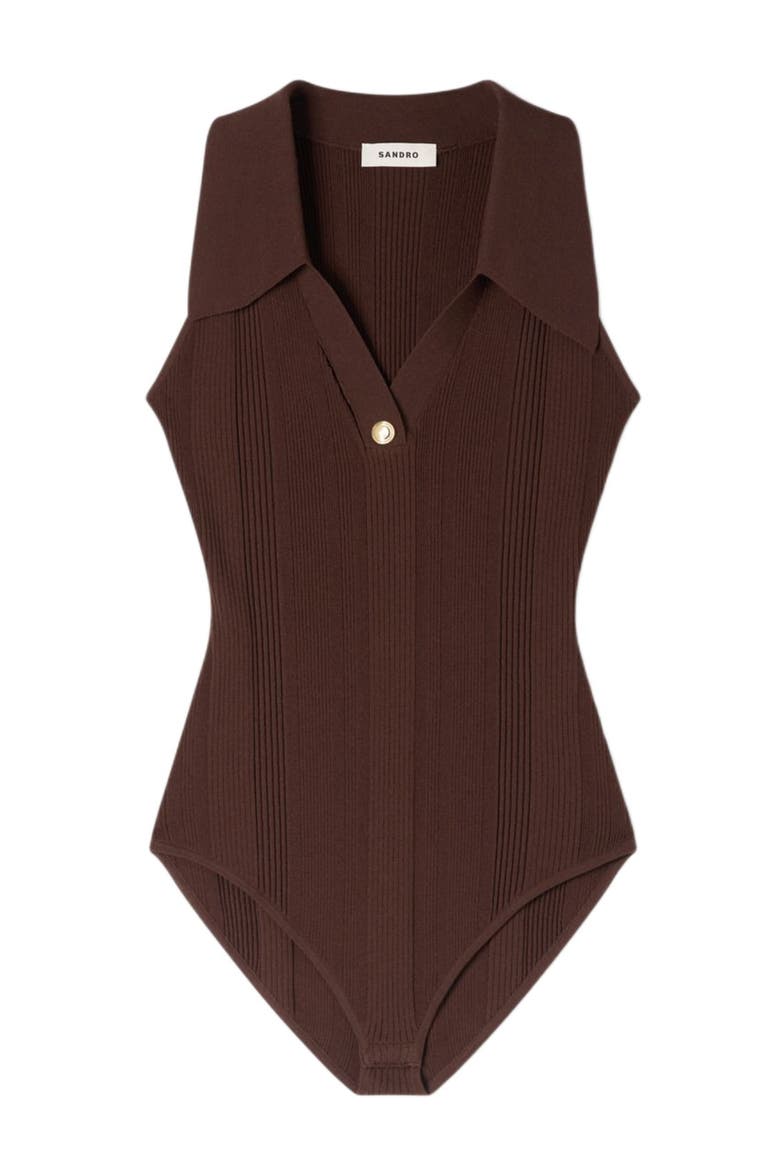 Ribbed knit polo bodysuit, Alternate, color, Brown