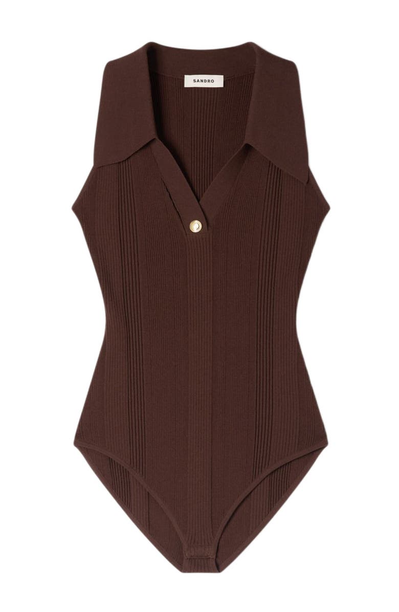SANDRO Ribbed knit polo bodysuit, Alternate, color, Brown