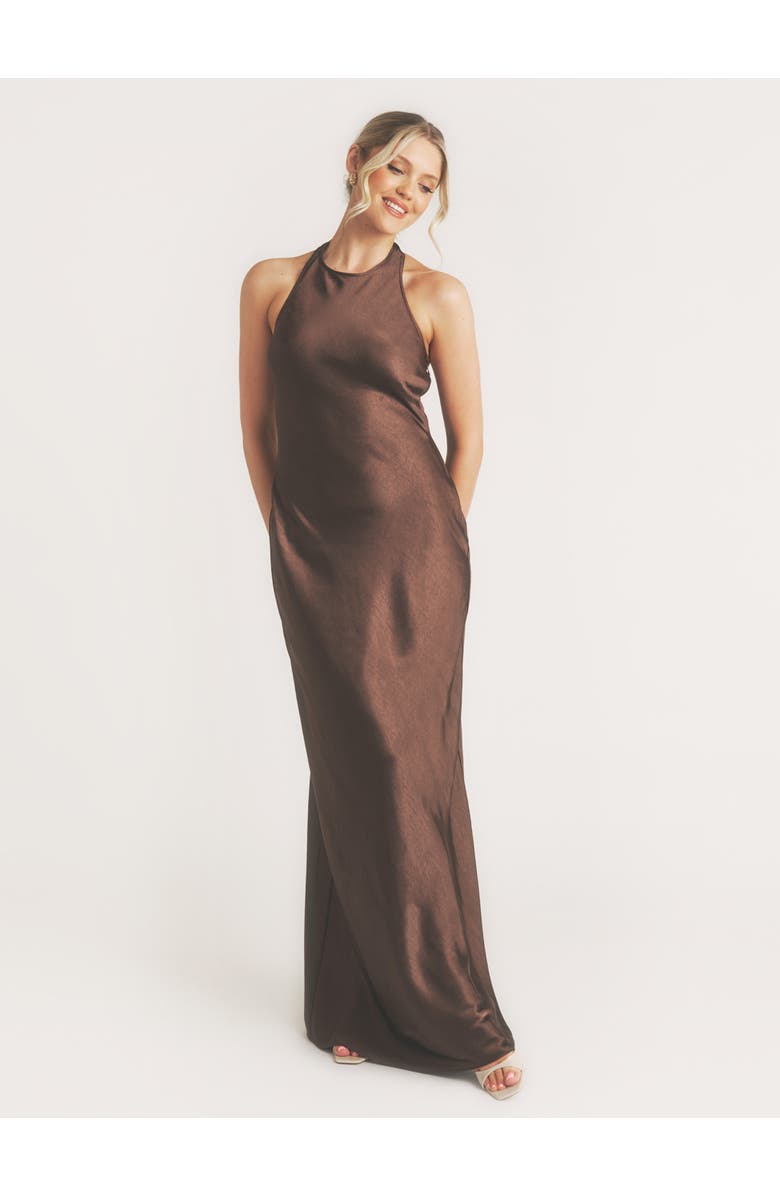 Six Stories Racer Neck Satin Bridesmaid Dress, Main, color, Chocolate