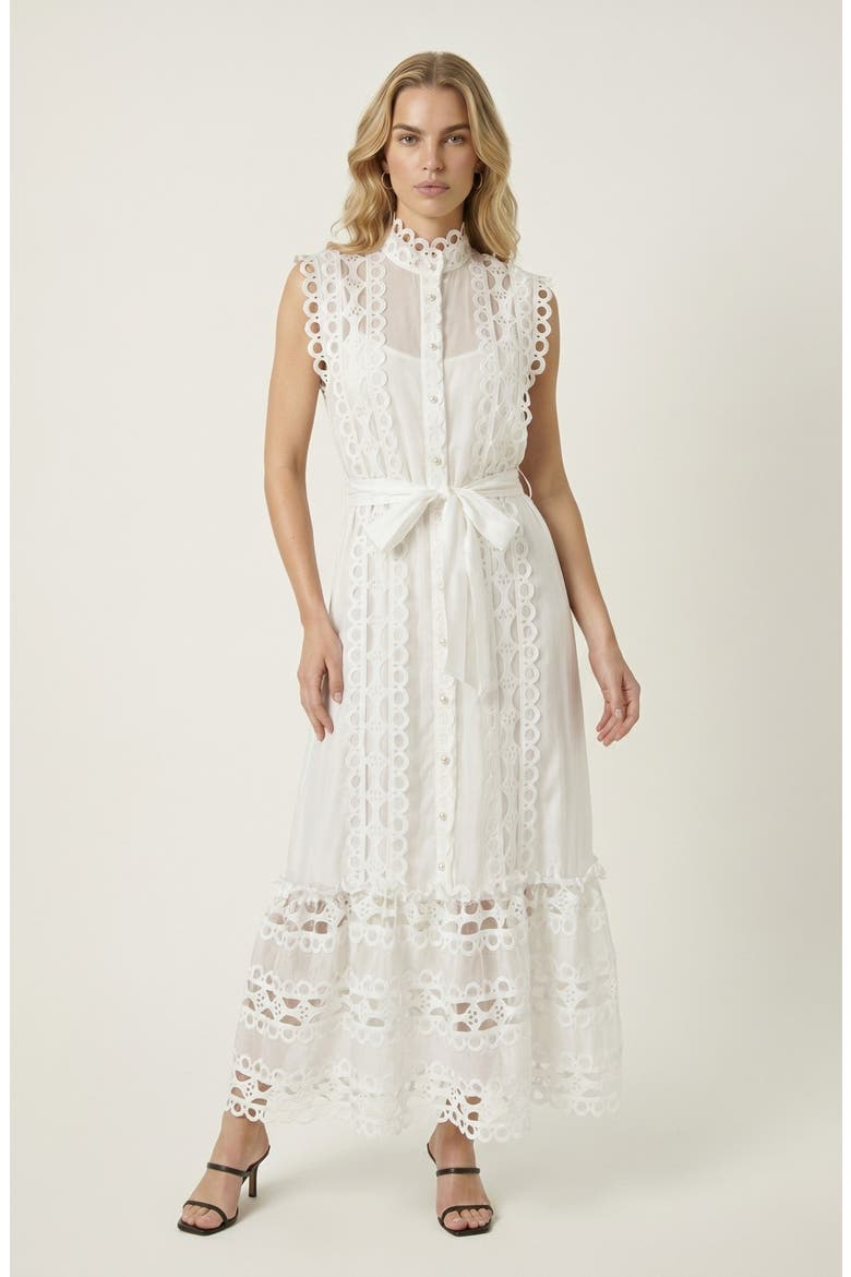 Sleeveless High Neck Lace Overlay Dress, Main, color, White