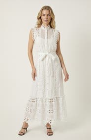 Modenaire Sleeveless High Neck Lace Overlay Dress