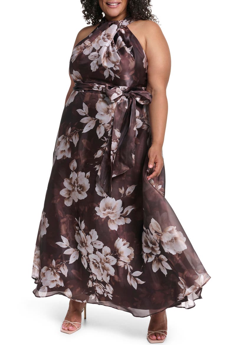 Twist Neck Satin Gown, Main, color, CHOCOLATE