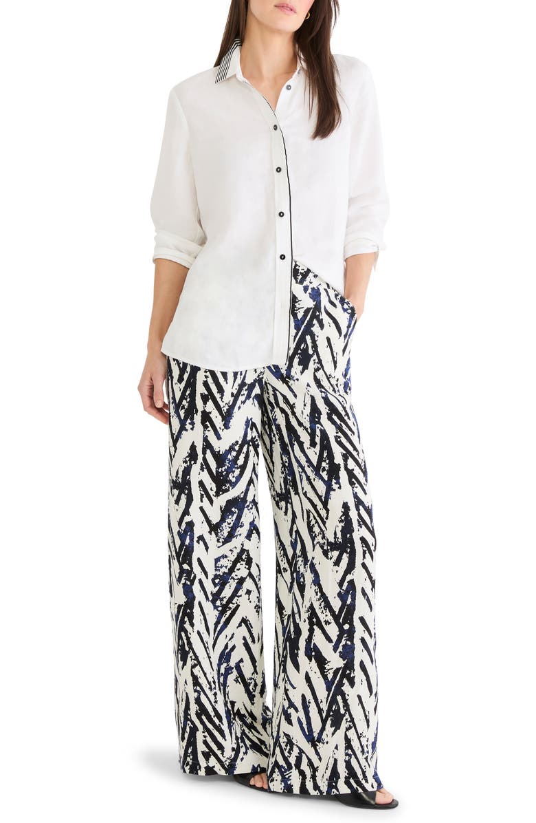 NIC+ZOE Stripe Trim Linen Blend Button-Up Shirt, Alternate, color, Paper White