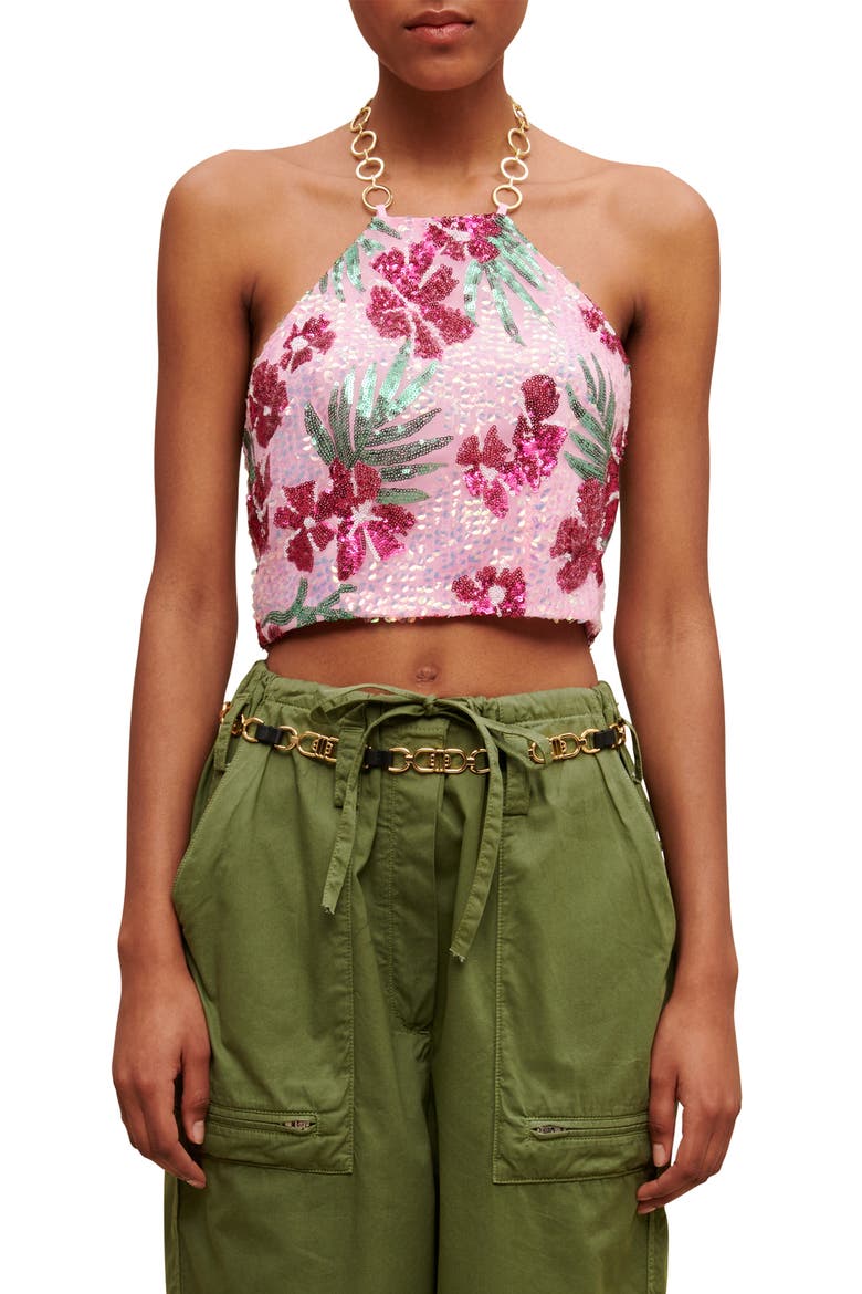 Lustik Floral Sequin Crop Halter Top, Main, color, PRINT PINK HIBISCUS