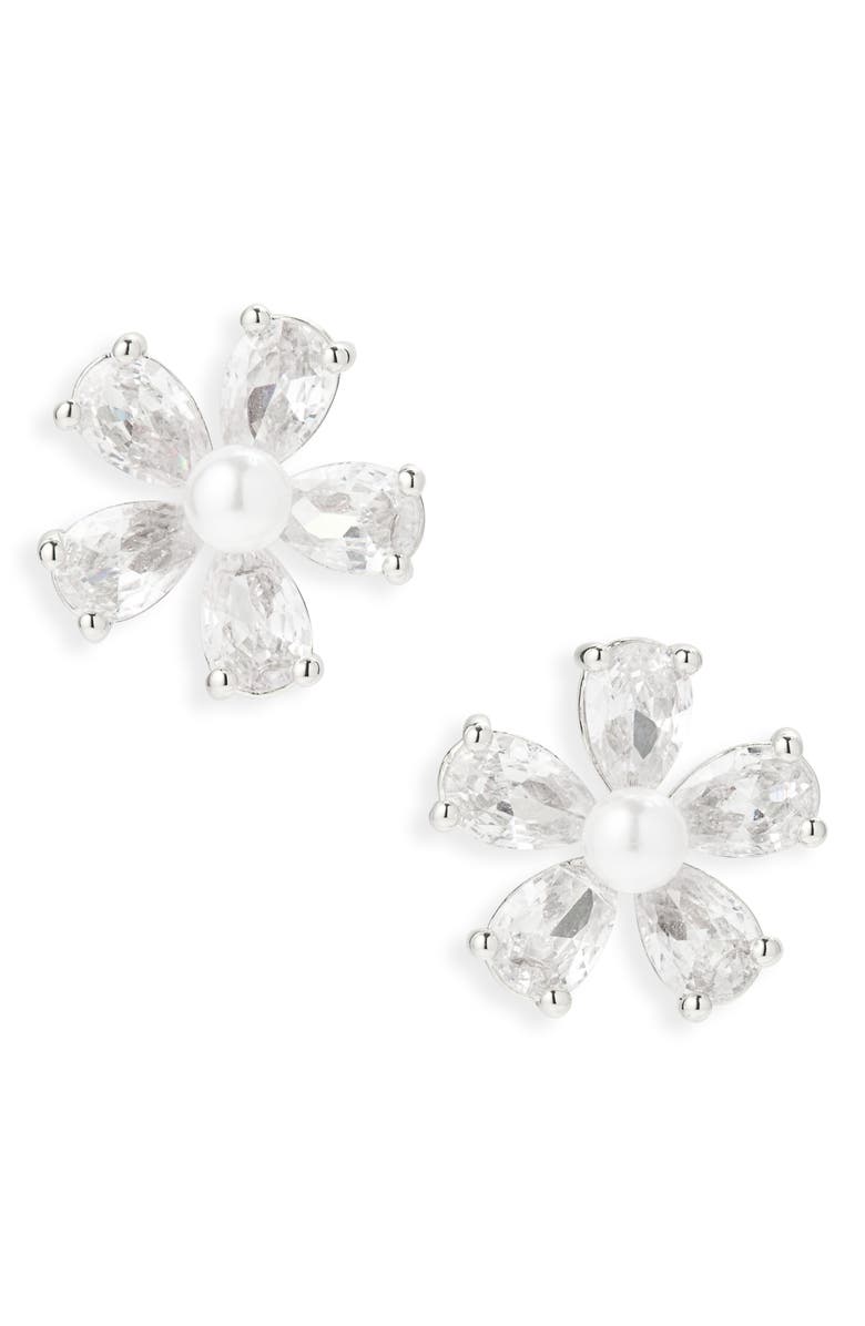 Cara Cubic Zirconia & Faux Pearl Flower Button Stud Earrings, Main, color, Silver