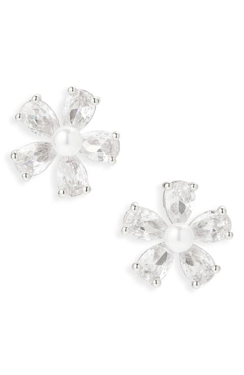 Cubic Zirconia & Faux Pearl Flower Button Stud Earrings