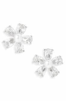 Cara Cubic Zirconia & Faux Pearl Flower Button Stud Earrings