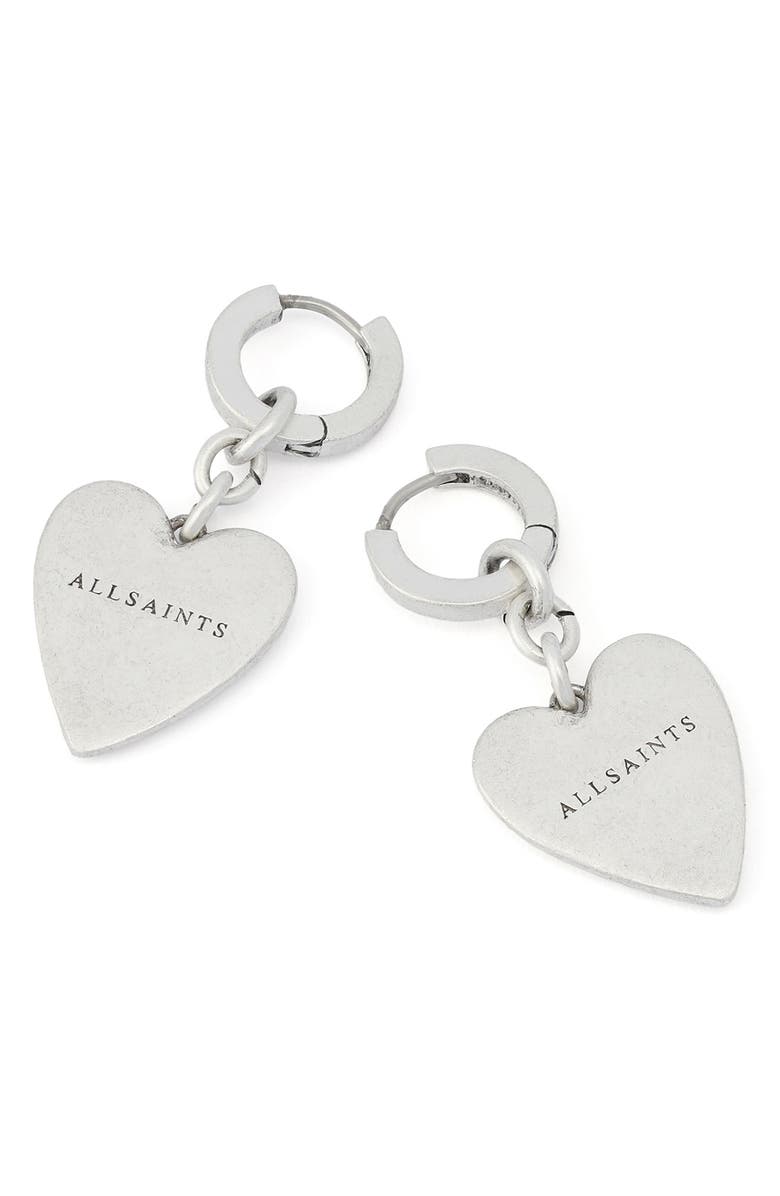 AllSaints Heart Charm Huggie Earrings, Alternate, color, Warm Silver