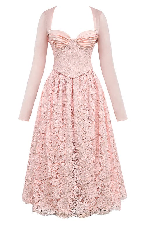 Shop House Of Cb Duchess Corset Lace Fit & Flare Midi Dress With Bolero In Pink Salt