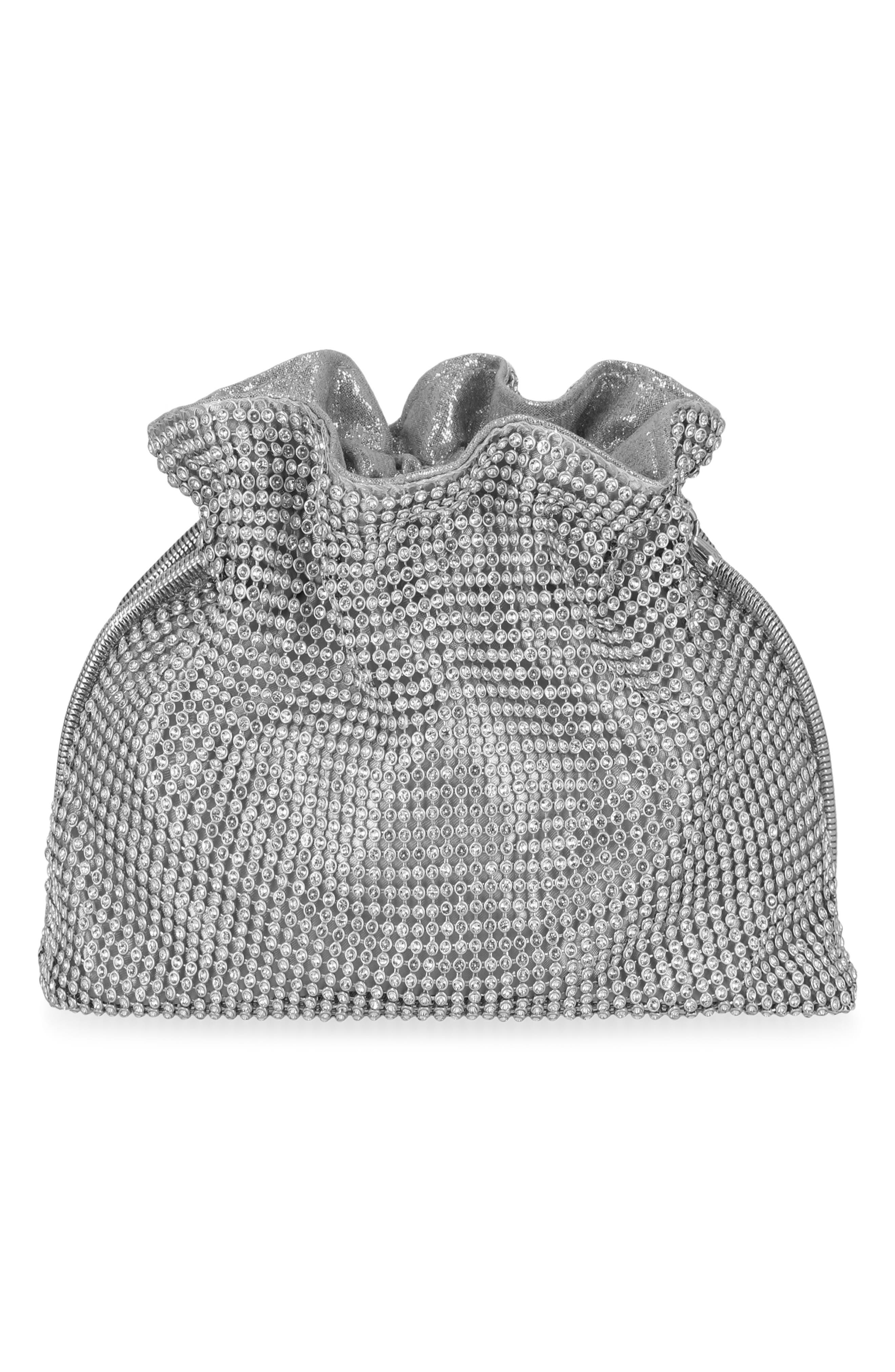 Jessica McClintock Maxine Drawstring Rhinestone Clutch, Alternate, color, 42N-Silver