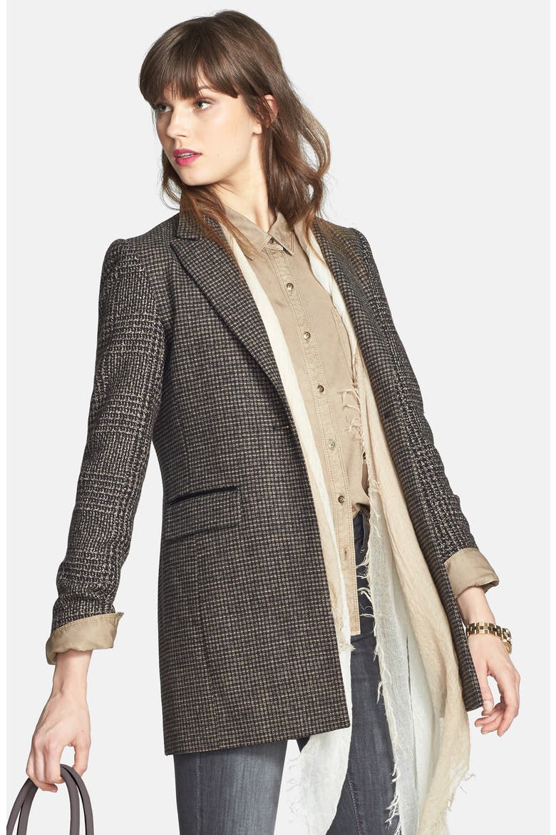 Tweed Single Breasted Reefer Coat, Alternate, color, TAUPE/ BLACK