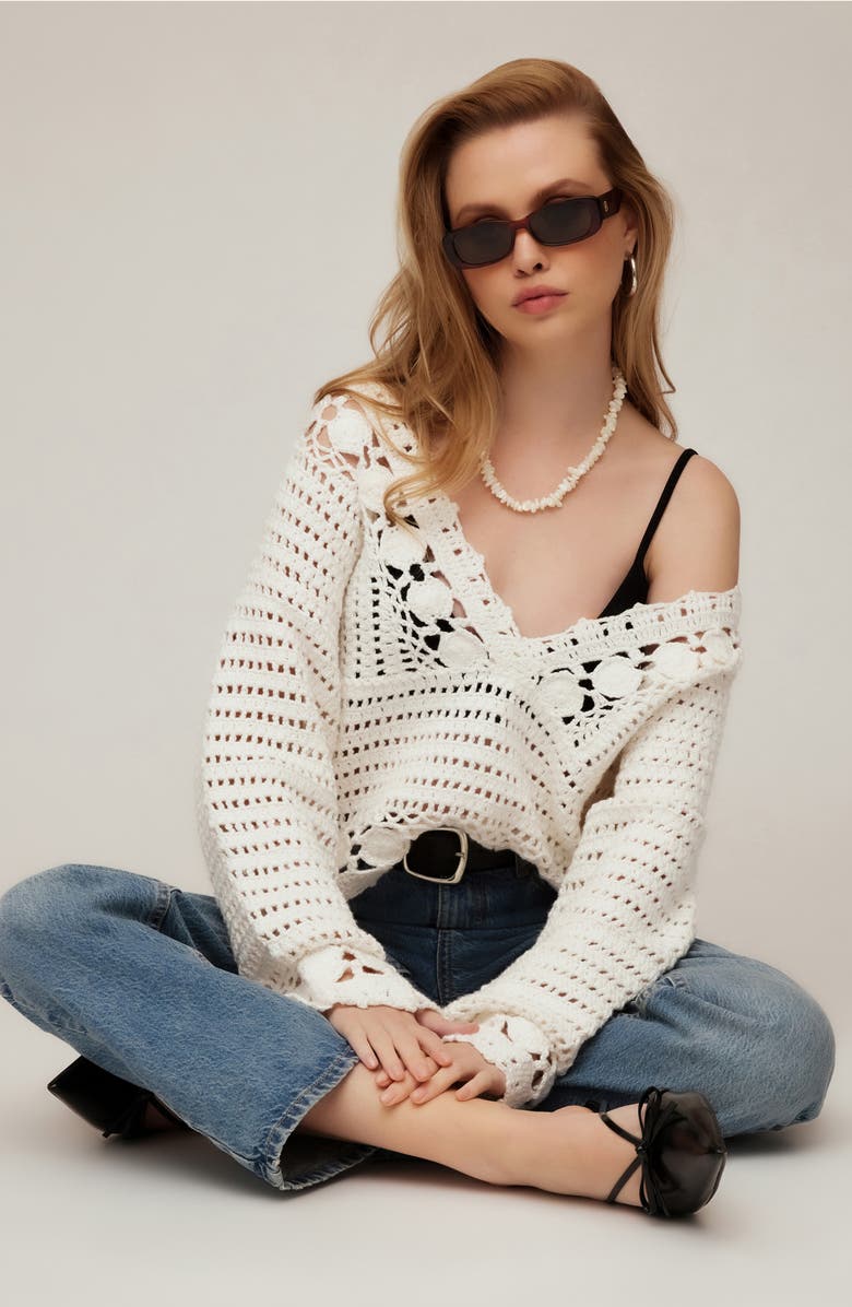 FIFTEEN TWENTY Nila Hand Crochet V-Neck Sweater, Alternate, color, Cream
