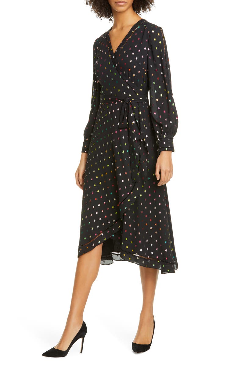 Ted Baker London Tansie Metallic Dot Long Sleeve Wrap Dress, Alternate, color,
