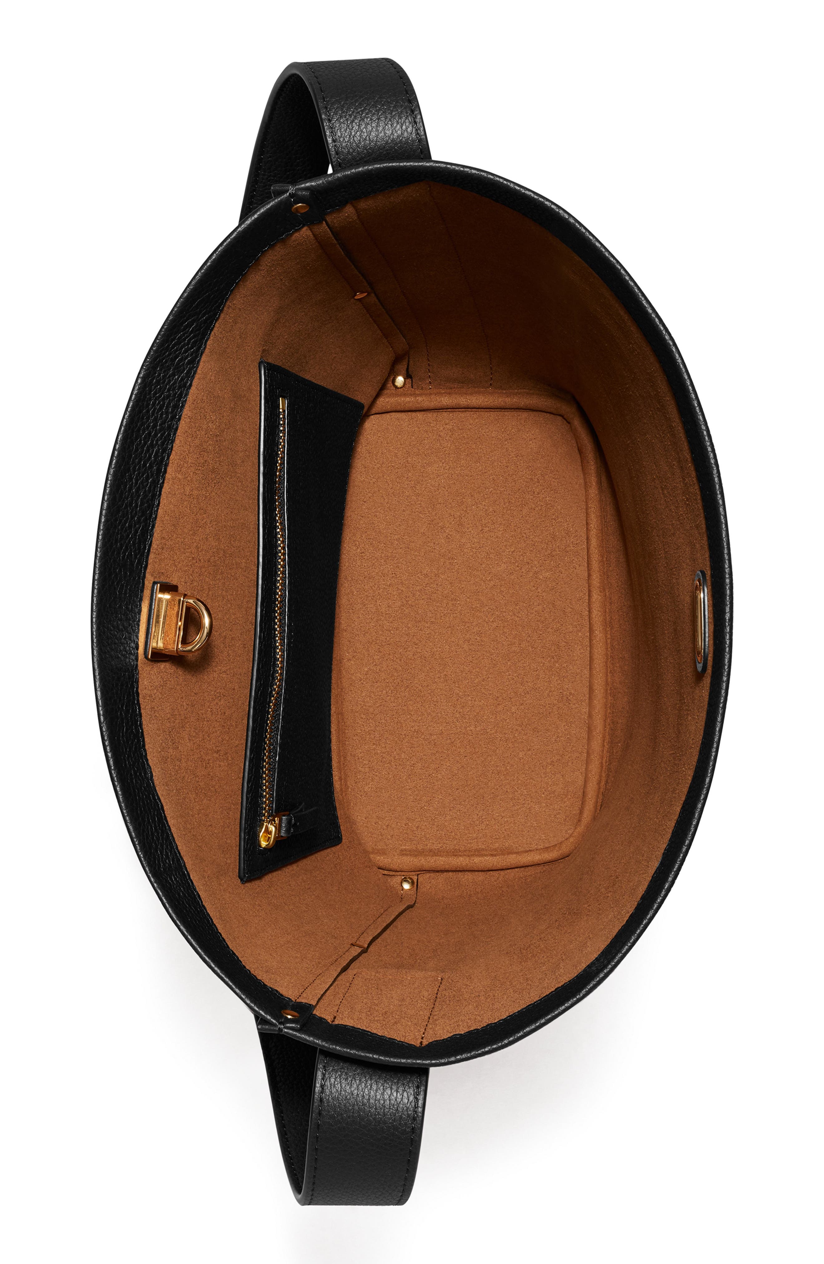 Tory Burch Slim Lock Leather Bucket Bag, Alternate, color, Black