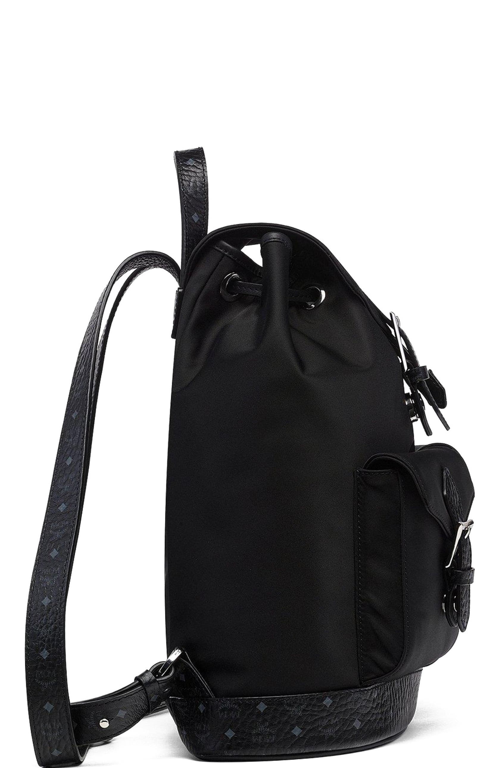 MCM Small Aren Drawstring Backpack in ECONYL and Leather, Alternate, color, Black