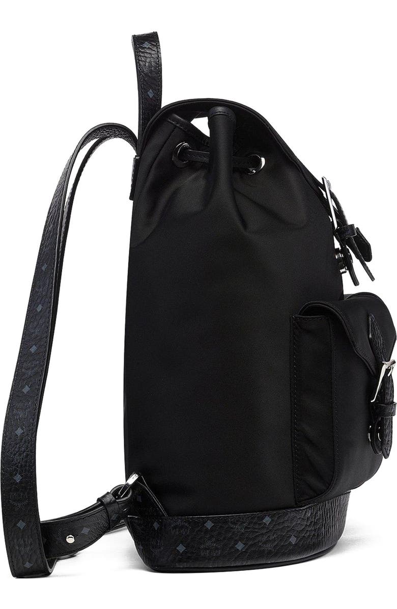MCM Small Aren Drawstring Backpack in ECONYL and Leather, Alternate, color, Black
