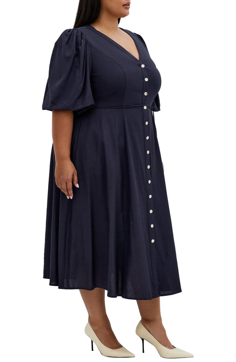 City Chic Dahlia Puff Sleeve Midi Dress, Alternate, color, Navy