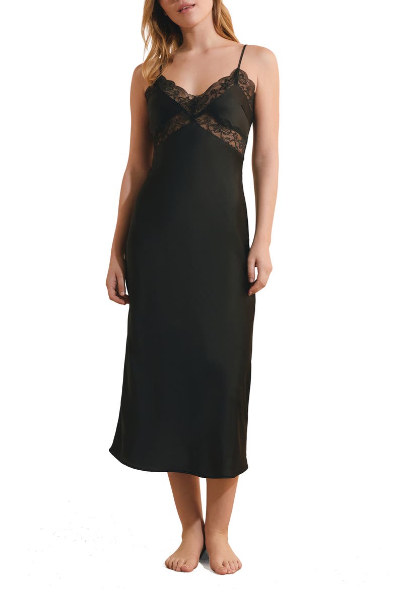 Desire Lace Accent Satin Long Nightgown, Main, color, BLACK