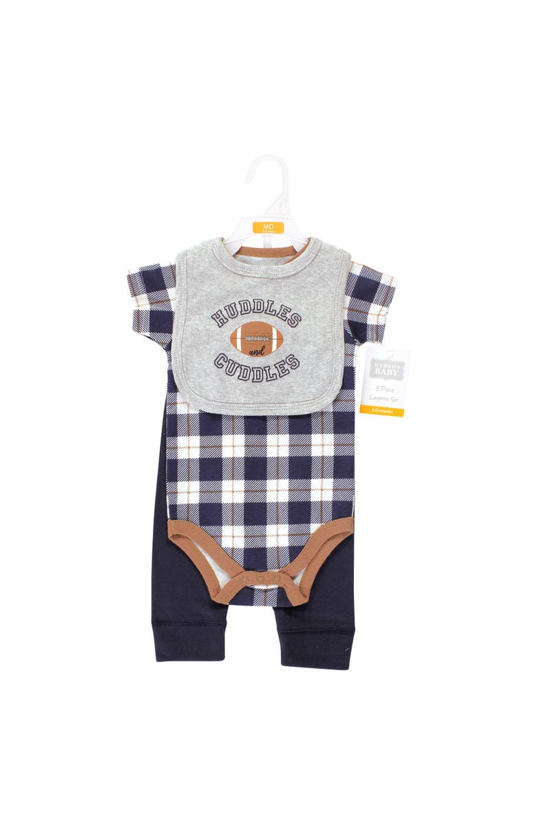 Hudson Baby Cotton Bodysuit, Pant and Bib Set, Alternate, color, Football Huddles