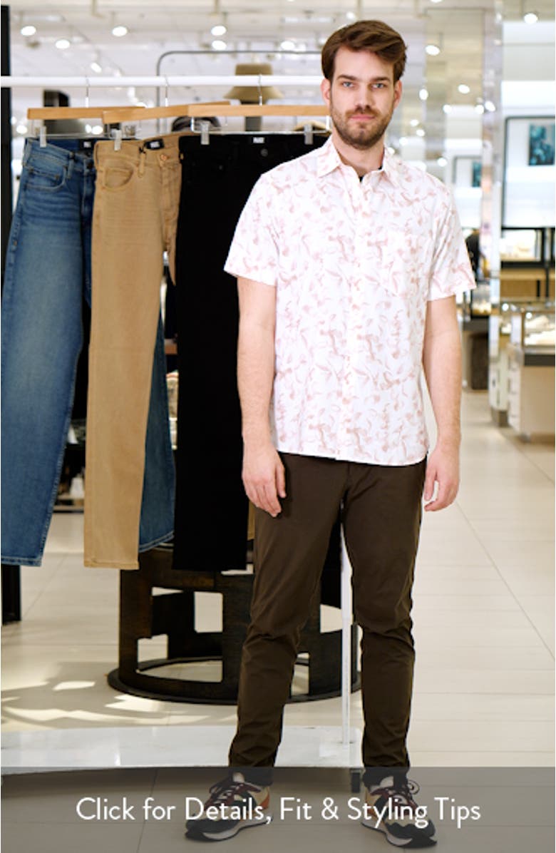 Leaf Print Short Sleeve Stretch Cotton Blend Button-Up Shirt, sales video thumbnail