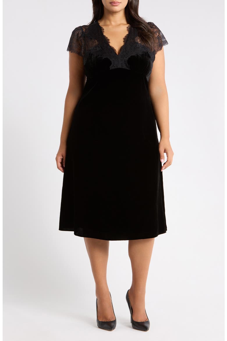 Lace and Velvet Midi Dress, Main, color, BLACK