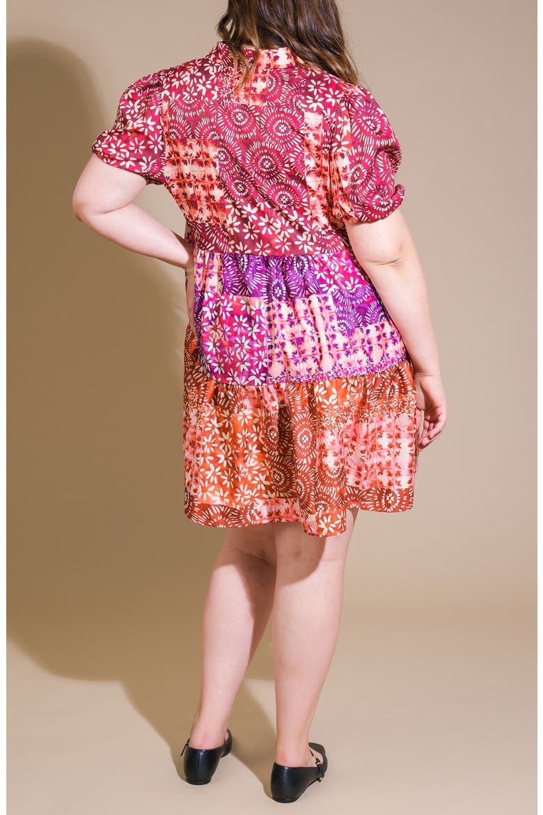 Floral Patchwork Puff Sleeve Tiered Babydoll Shirtdress, Alternate, color, BURGUNDY RUST