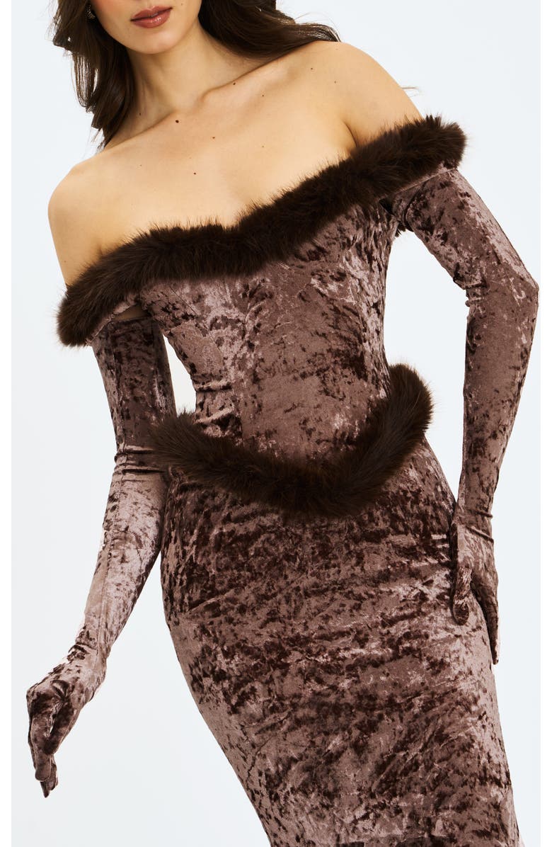 Miss Circle Tessa Sweetheart Bardot Faux Fur Velvet Mermaid Maxi Dress, Alternate, color, Coffee